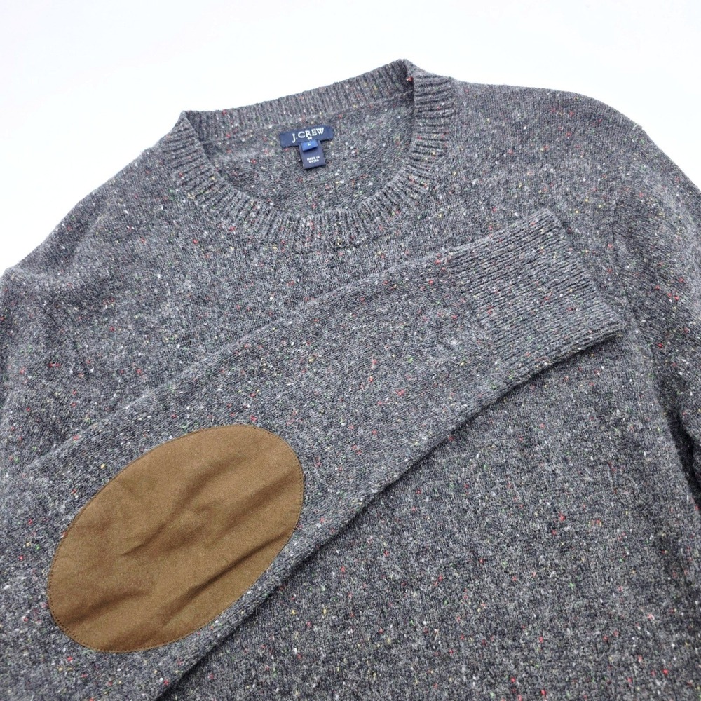 J.Crew Mens Donegal Wool Blend Crewneck Sweater Gray Elbow Patches Large